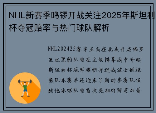 NHL新赛季鸣锣开战关注2025年斯坦利杯夺冠赔率与热门球队解析